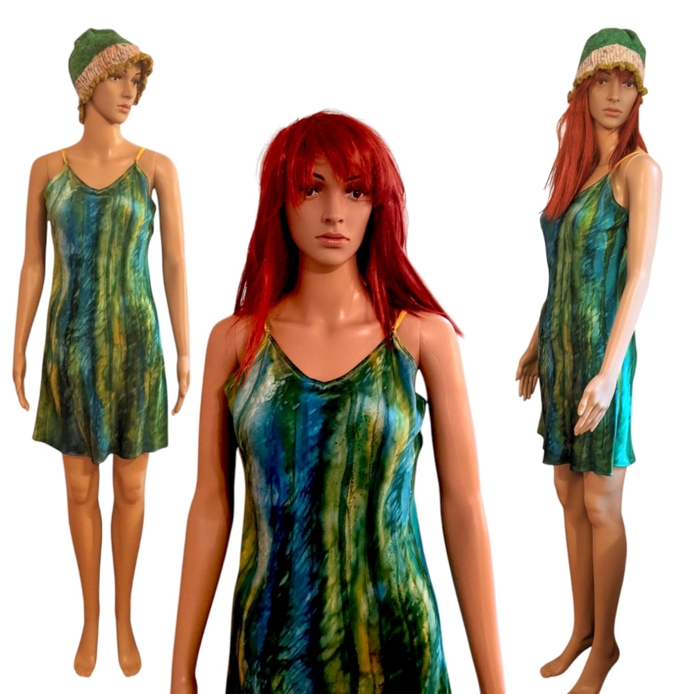 Handpainted Charmeuse satin Dress. Original. One of a kind Art Boho - Picture 6 of 15